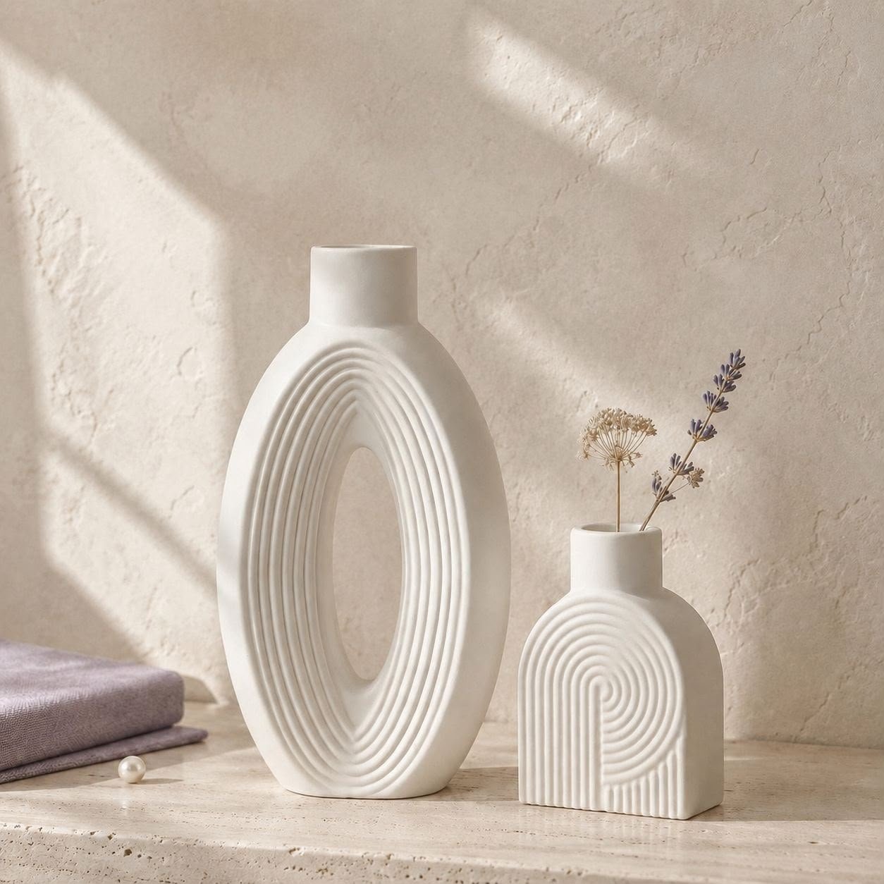 The Arches Vase Duo, handmade white gypsum vases, Atelier Loulouwa