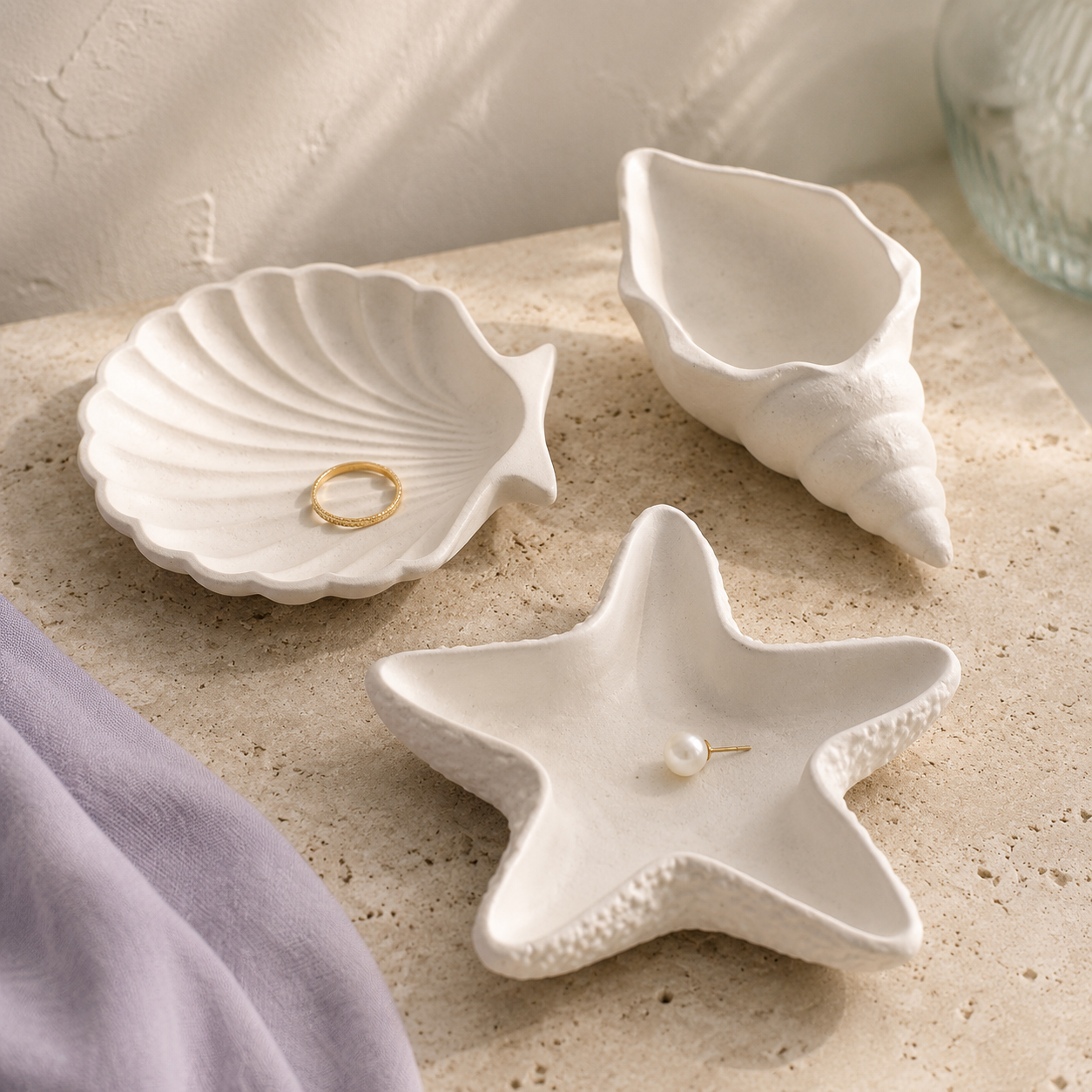 The Coastal Treasures Trio, handmade white gypsum jewelry dishes, Atelier Loulouwa