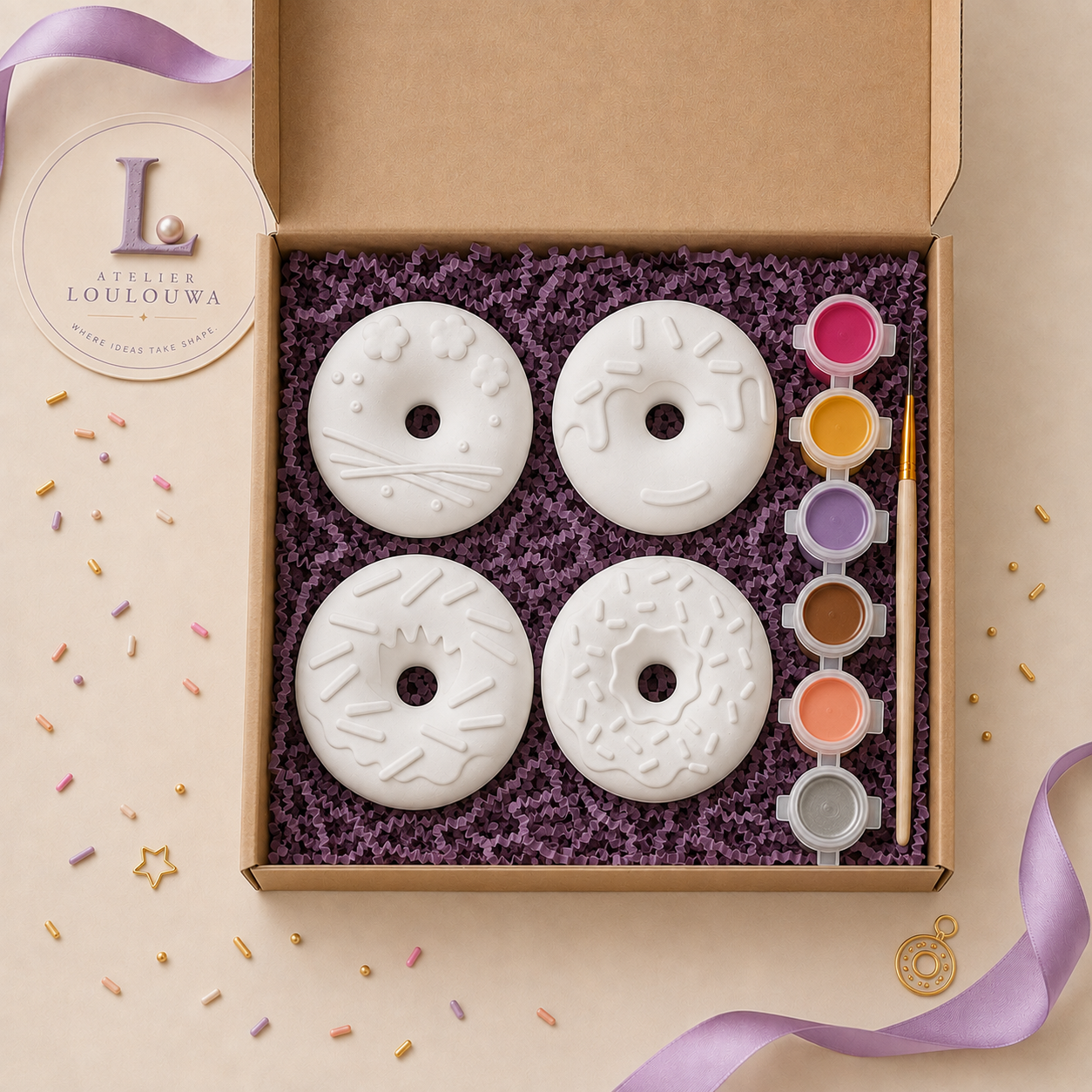Donut Box kit as it arrives: gypsum pieces, paints and a brush