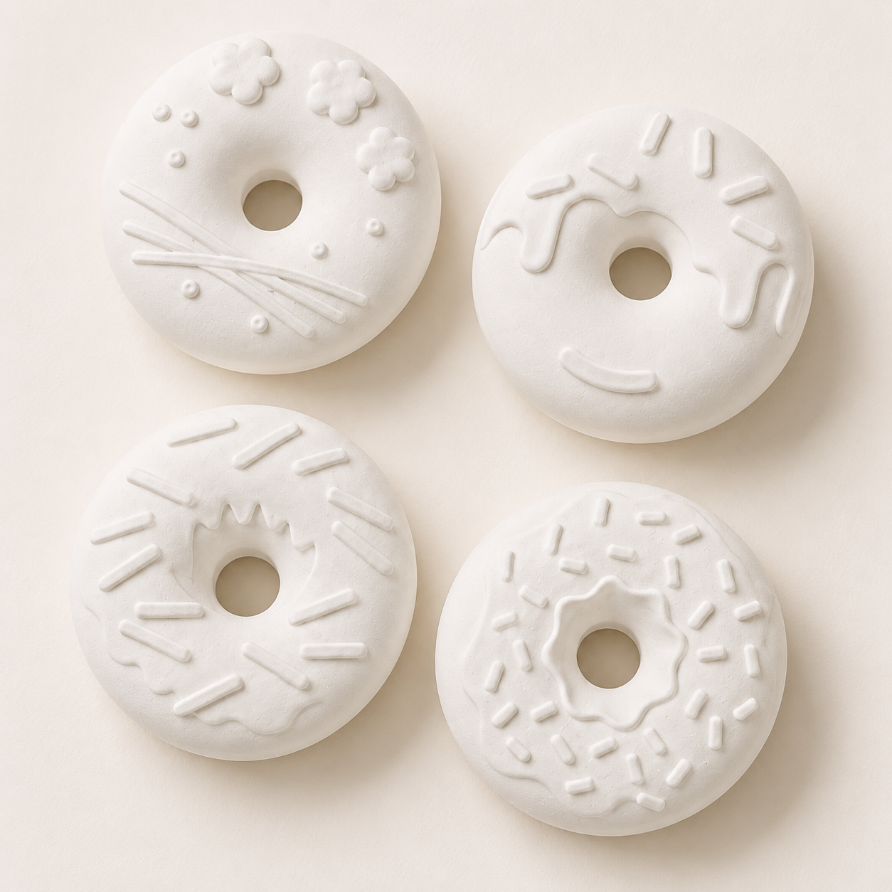 Donut Box gypsum pieces before painting, close up