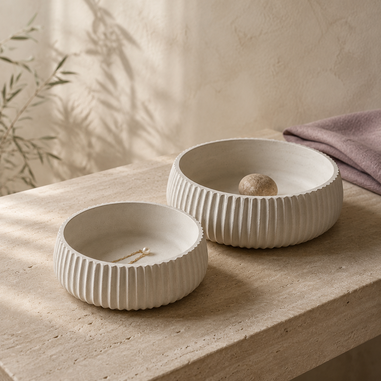 The Ribbed Nesting Bowls, handmade white gypsum bowls, Atelier Loulouwa