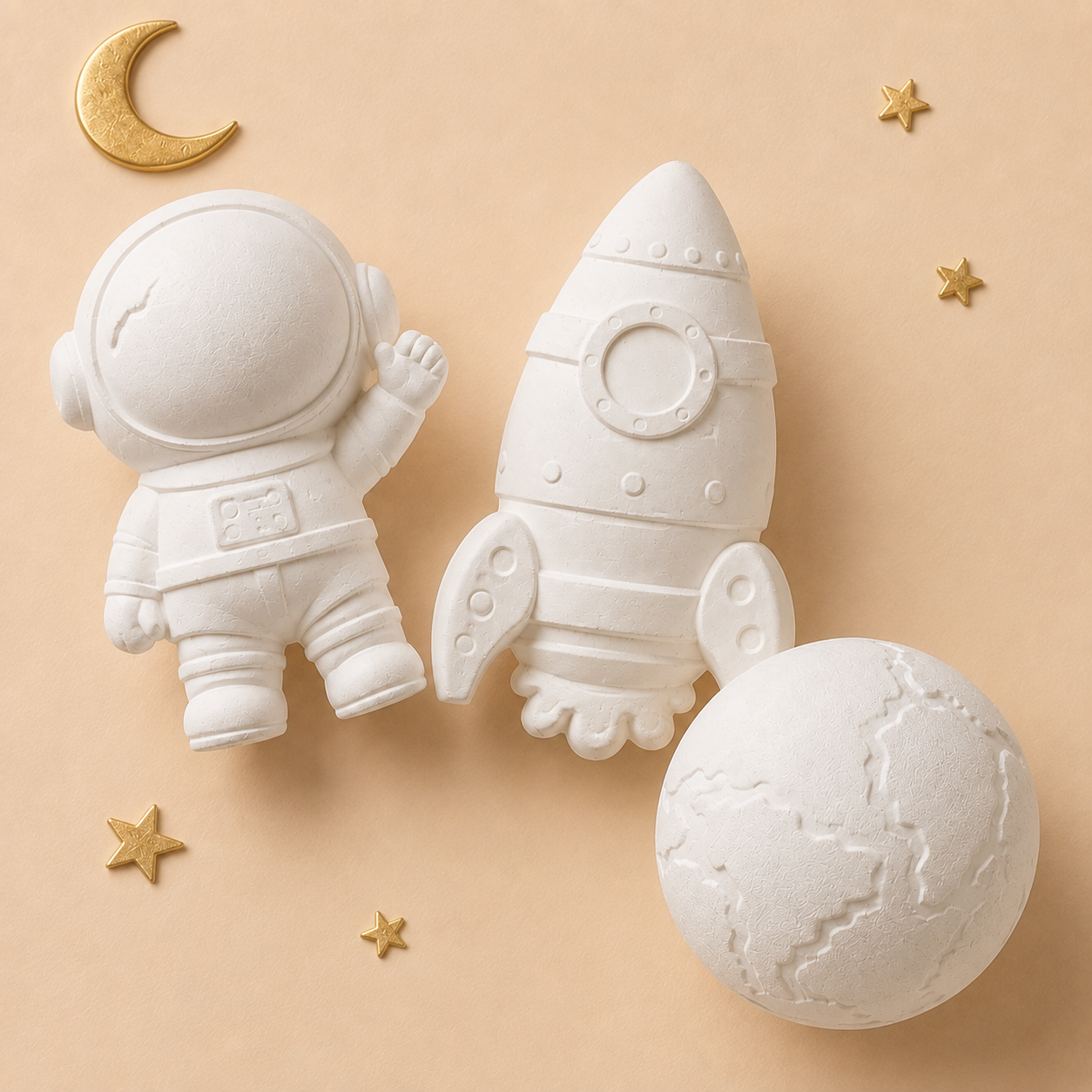 Space gypsum pieces before painting, close up