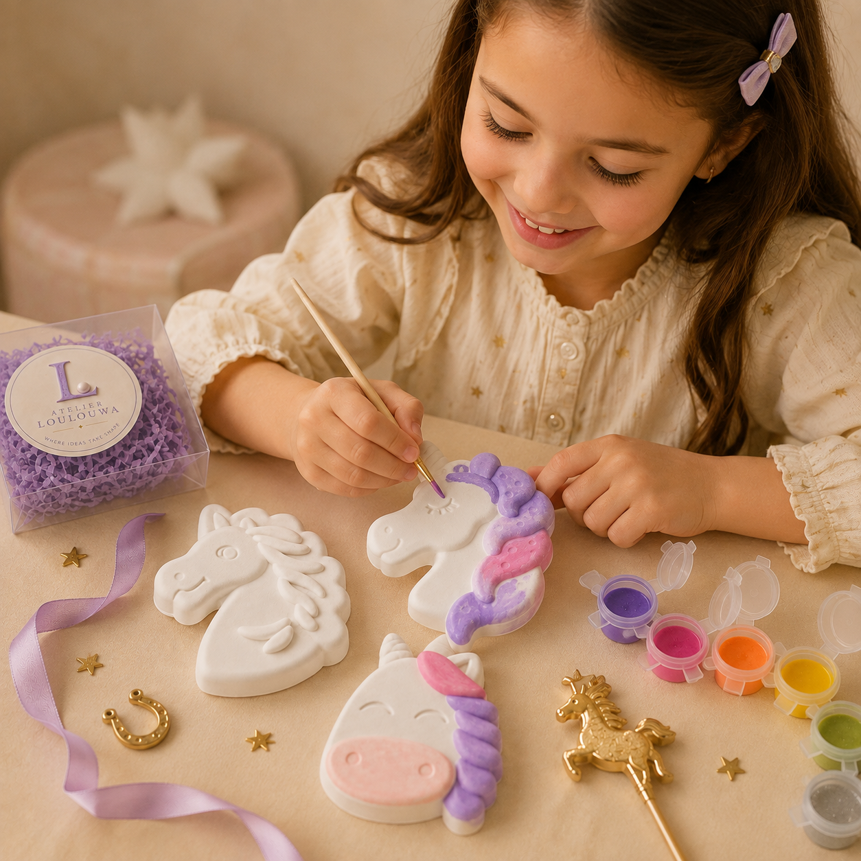 A child painting the Unicorn Trio kit