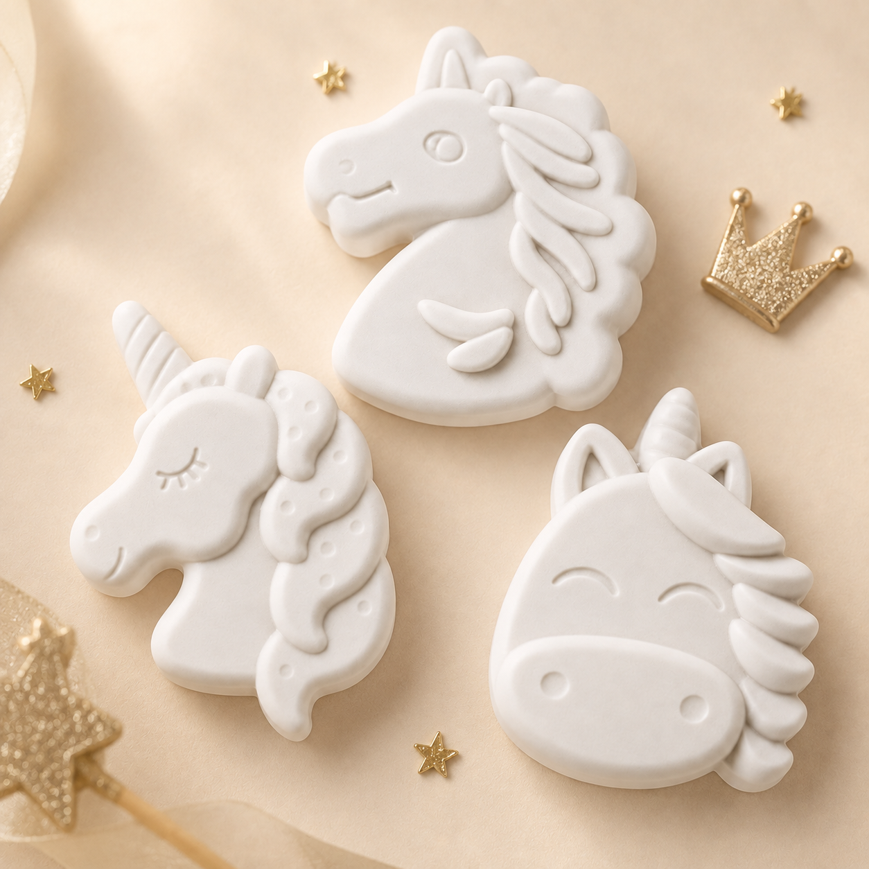 Unicorn Trio gypsum pieces before painting, close up