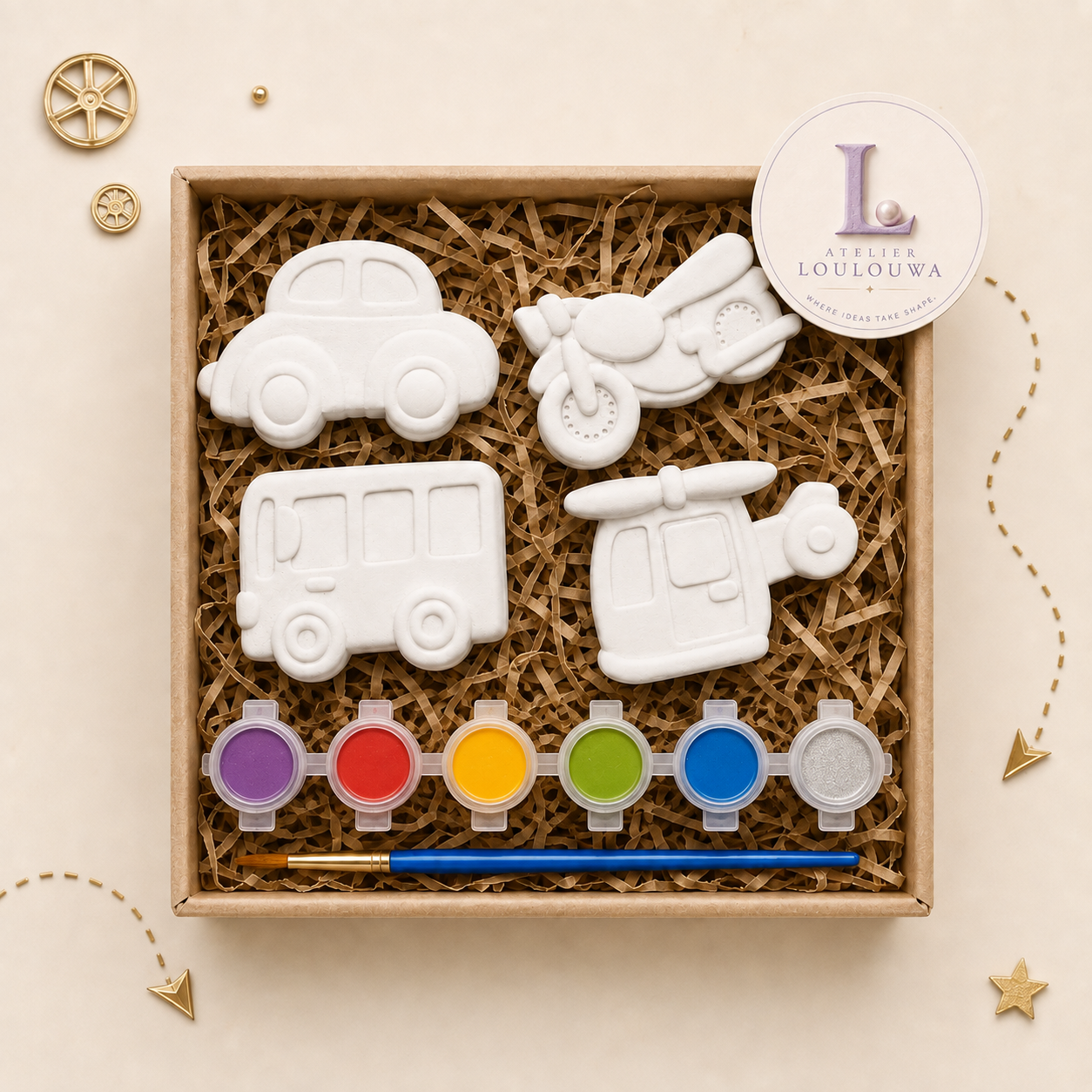 Vehicle Zoomer kit as it arrives: gypsum pieces, paints and a brush