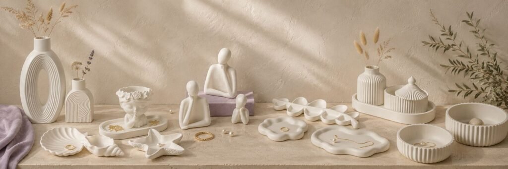 Styled handmade gypsum décor: a vase, a candle, a tray and dry flowers