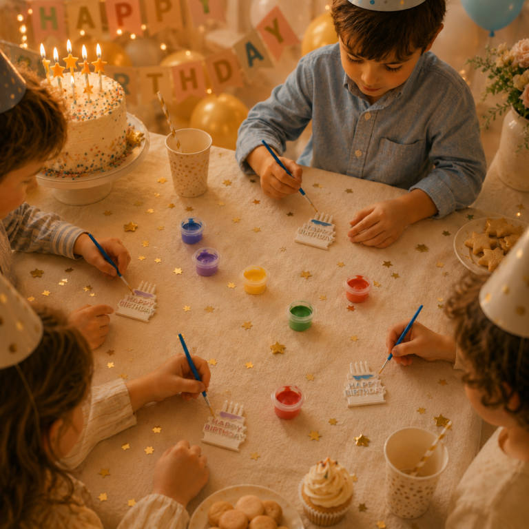 Birthday painting kit with gypsum cake pieces in bright colours