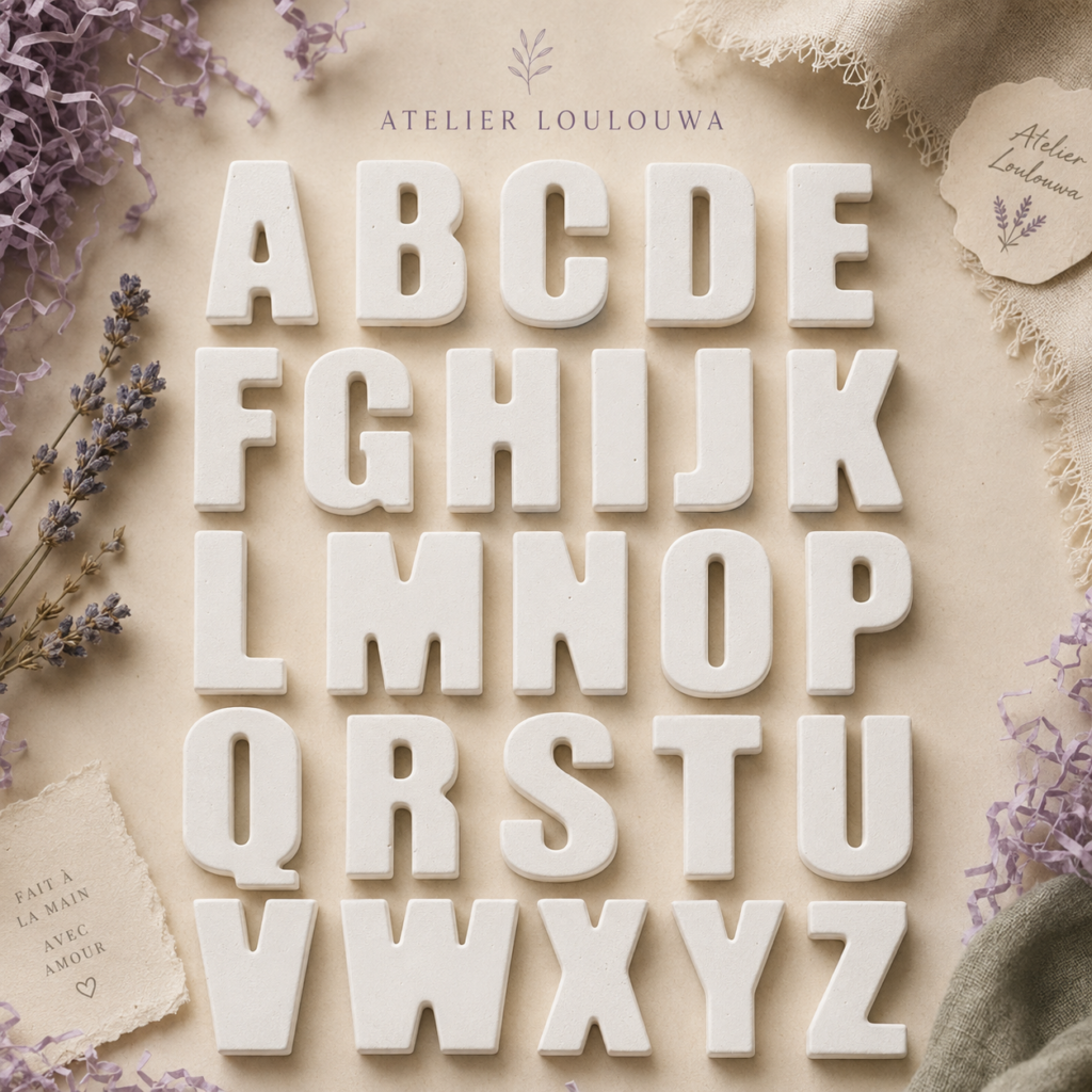 Unpainted gypsum letters from A to Z