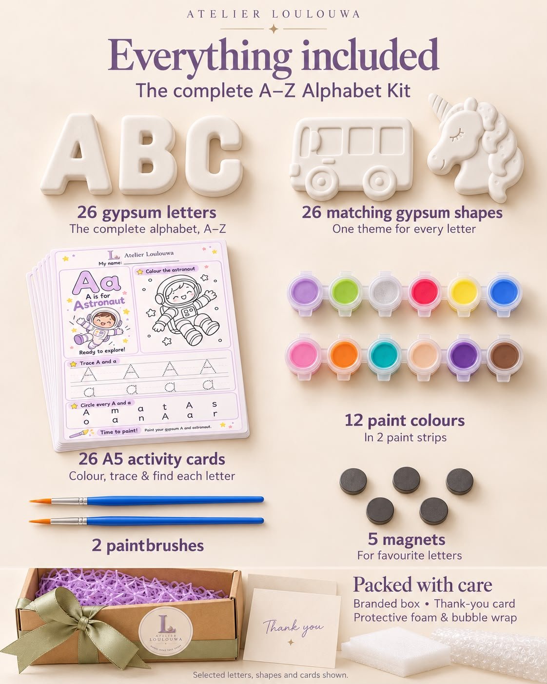 Everything included in the A–Z Alphabet Kit: 26 gypsum letters, 26 matching gypsum shapes, 26 A5 activity cards, 12 paint colors in two strips, 2 paintbrushes, 5 magnets and the branded gift box