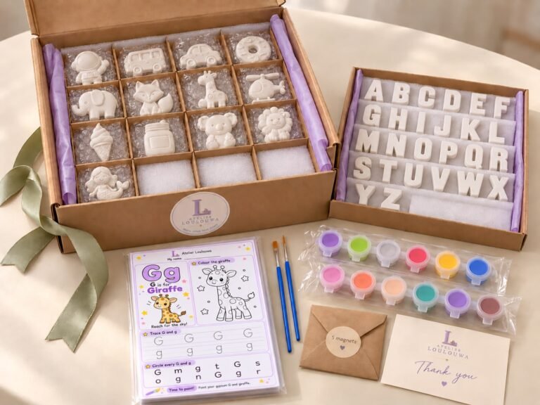The A–Z Alphabet Kit unpacked: gypsum shapes in a divided box, the gypsum letters A to Z in a tray, a G is for Giraffe activity card, two paintbrushes, two strips of paint pots, a packet of magnets and a thank-you card