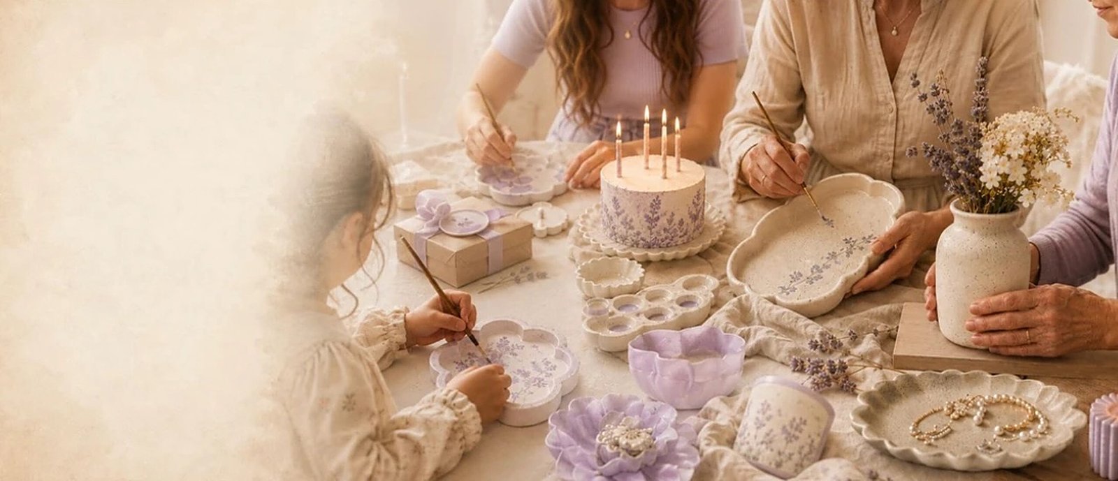 A girl, her mother and her grandmother painting lavender gypsum pieces around a birthday cake