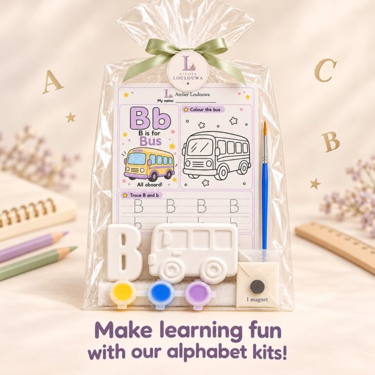 The B kit as an example: a gypsum letter B and a gypsum bus, the B is for Bus activity card, three paint pots, a paintbrush and a magnet, in a transparent gift bag tied with a ribbon